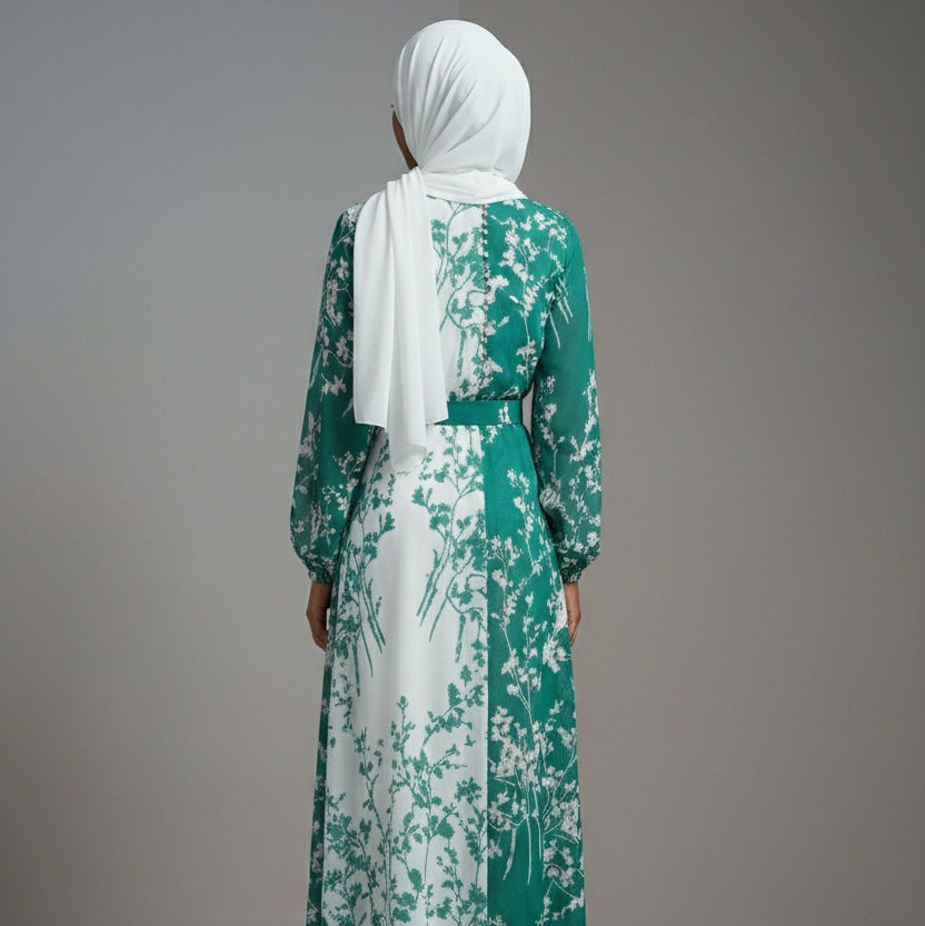 Green & White Belted Maxi Dress