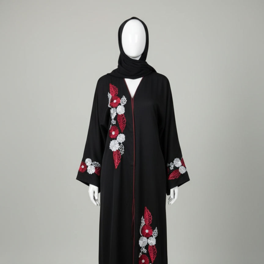 Zayna Rogue Abaya - Black + Red, Zoom Fabric