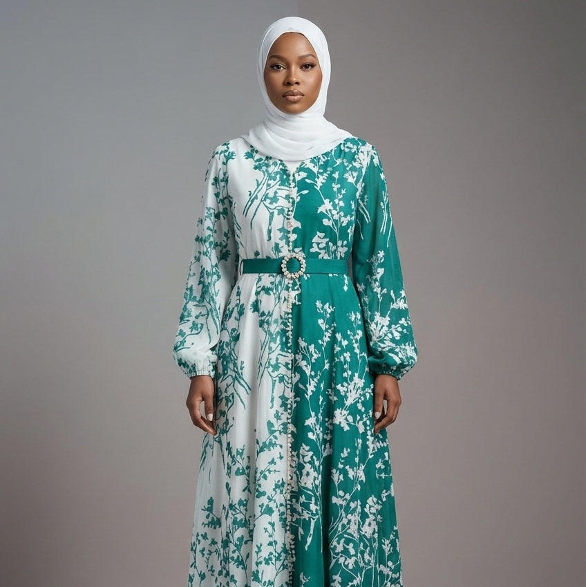 Green & White Belted Maxi Dress