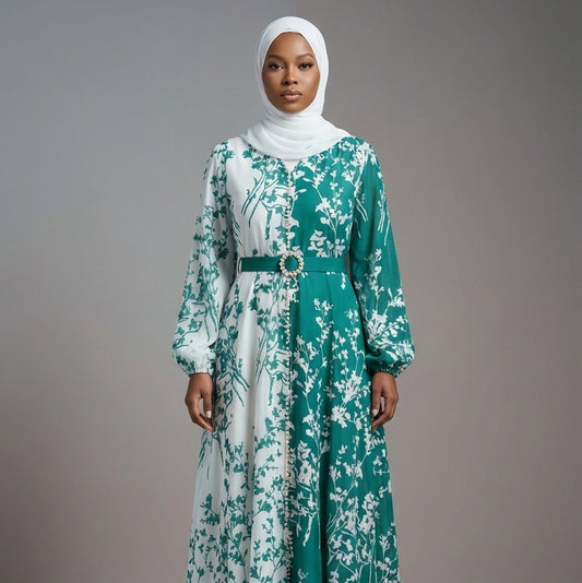 Green & White Belted Maxi Dress