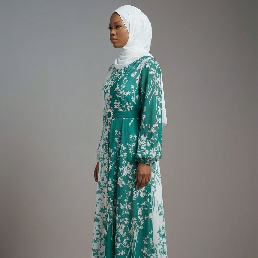 Green & White Belted Maxi Dress