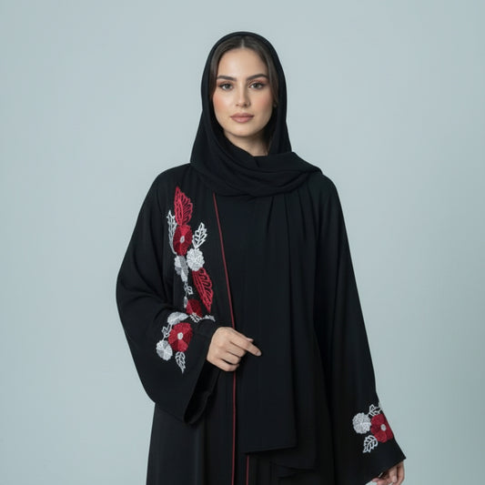Zayna Rogue Abaya - Black + Red, Zoom Fabric