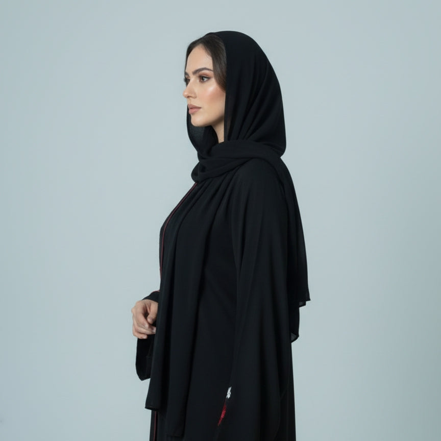 Zayna Rogue Abaya - Black + Red, Zoom Fabric